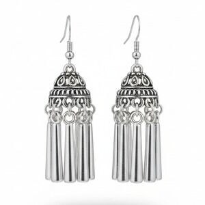 Silver Tone Bell Tassel Dangling Earrings Boho Tribal Gypsy Festival Jewelry